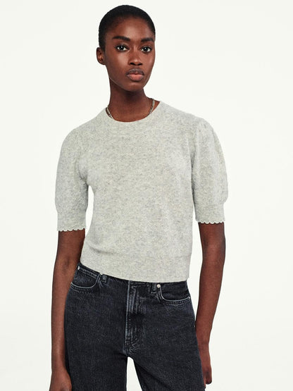 Frame Pointelle Puff Sleeve Sweater in Light Heather Grey