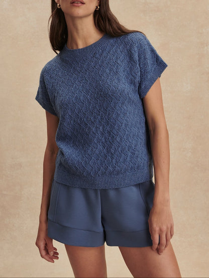 Varley Manae Pointelle Knit Top in Bijou Blue