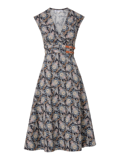Veronica Beard Nilsen Belted Midi Dress in Black Multi