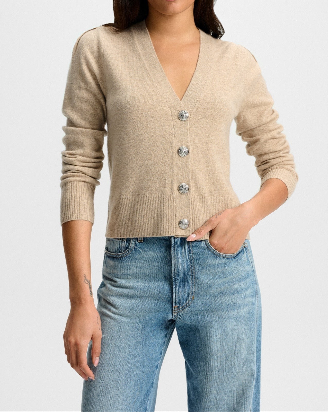 Veronica Beard Solene Cashmere Cardigan in Oatmeal