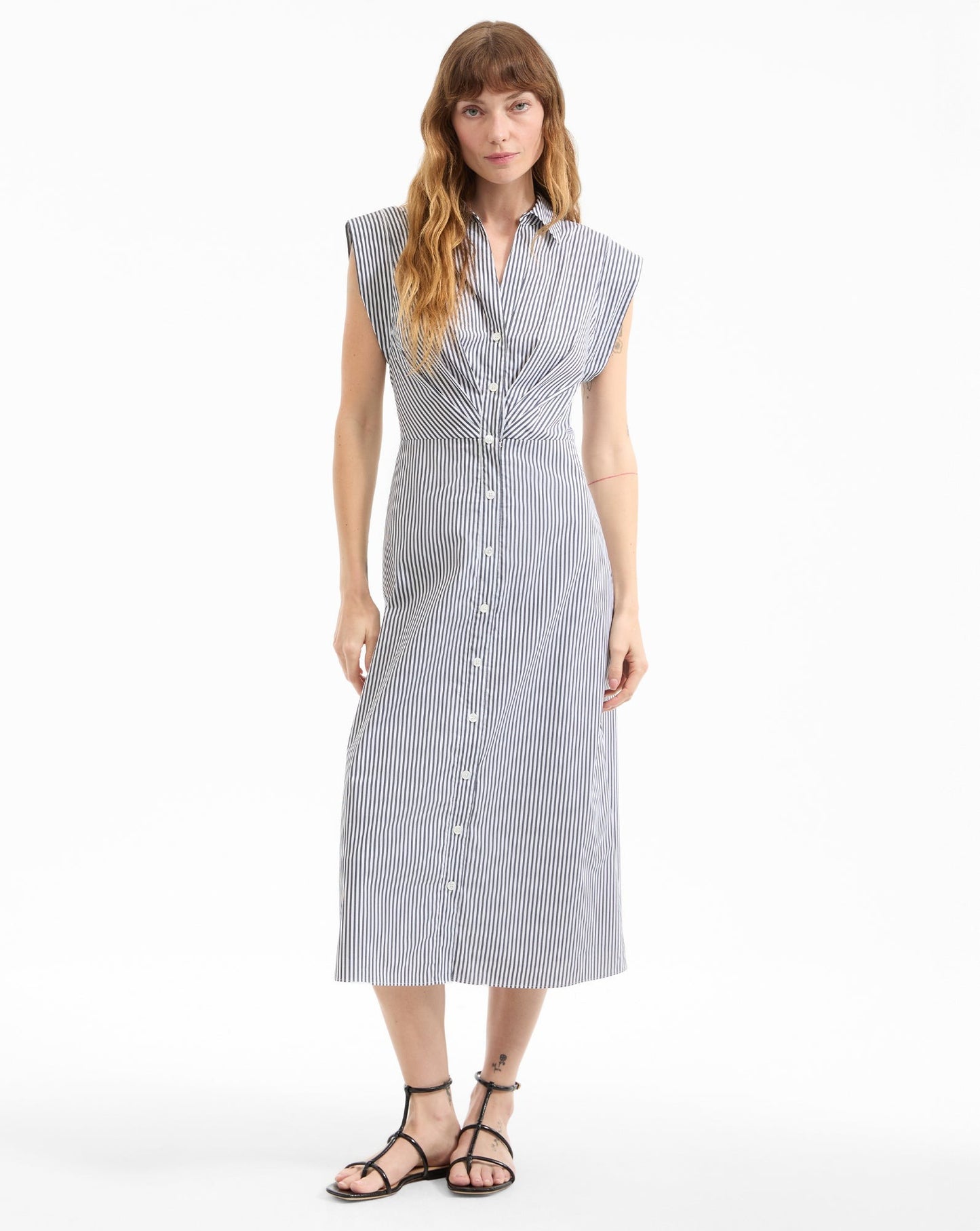 Veronica Beard Haydon Striped Midi Shirtdress in Navy/White