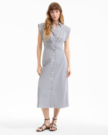 Veronica Beard Haydon Striped Midi Shirtdress in Navy/White