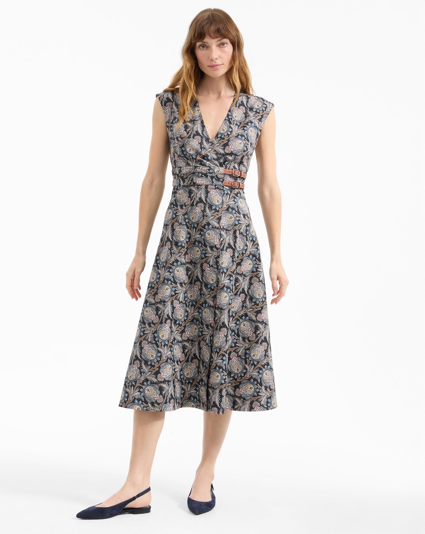 Veronica Beard Nilsen Belted Midi Dress in Black Multi