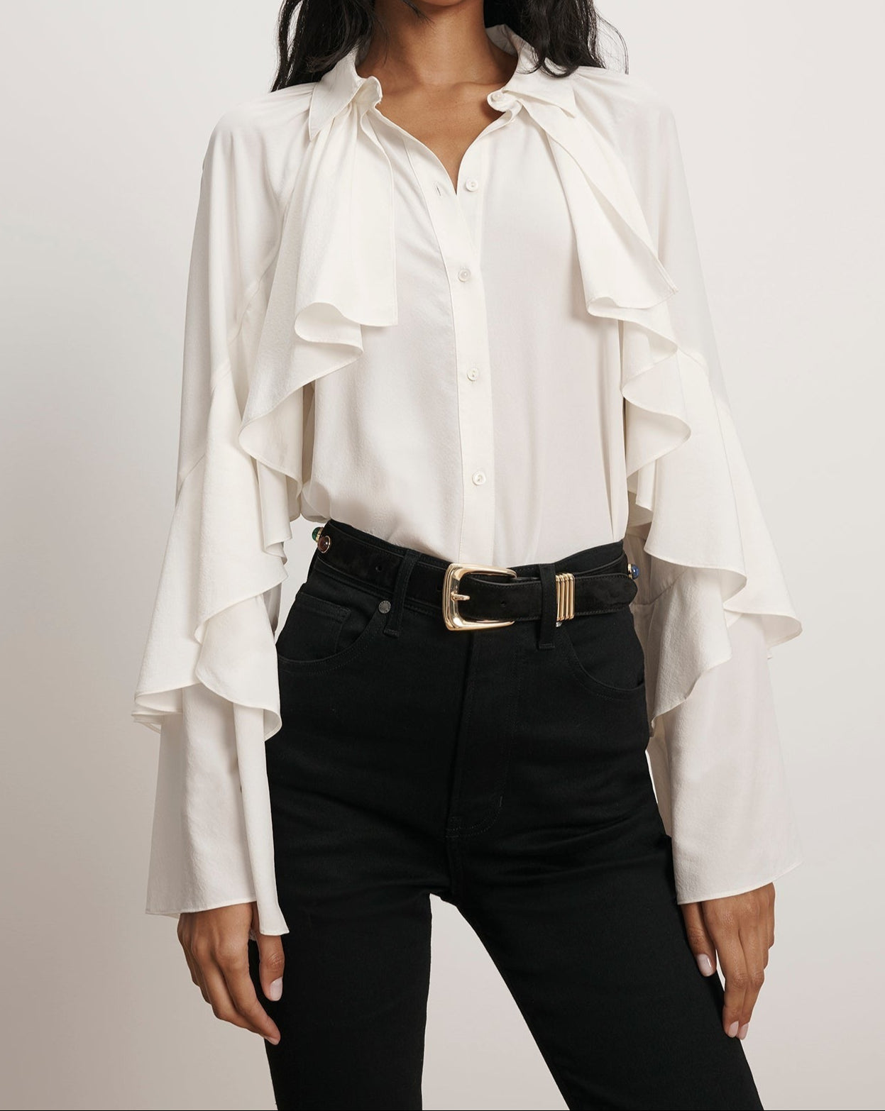 Veronica Beard Demaris Ruffled Button-Down Blouse in Dove