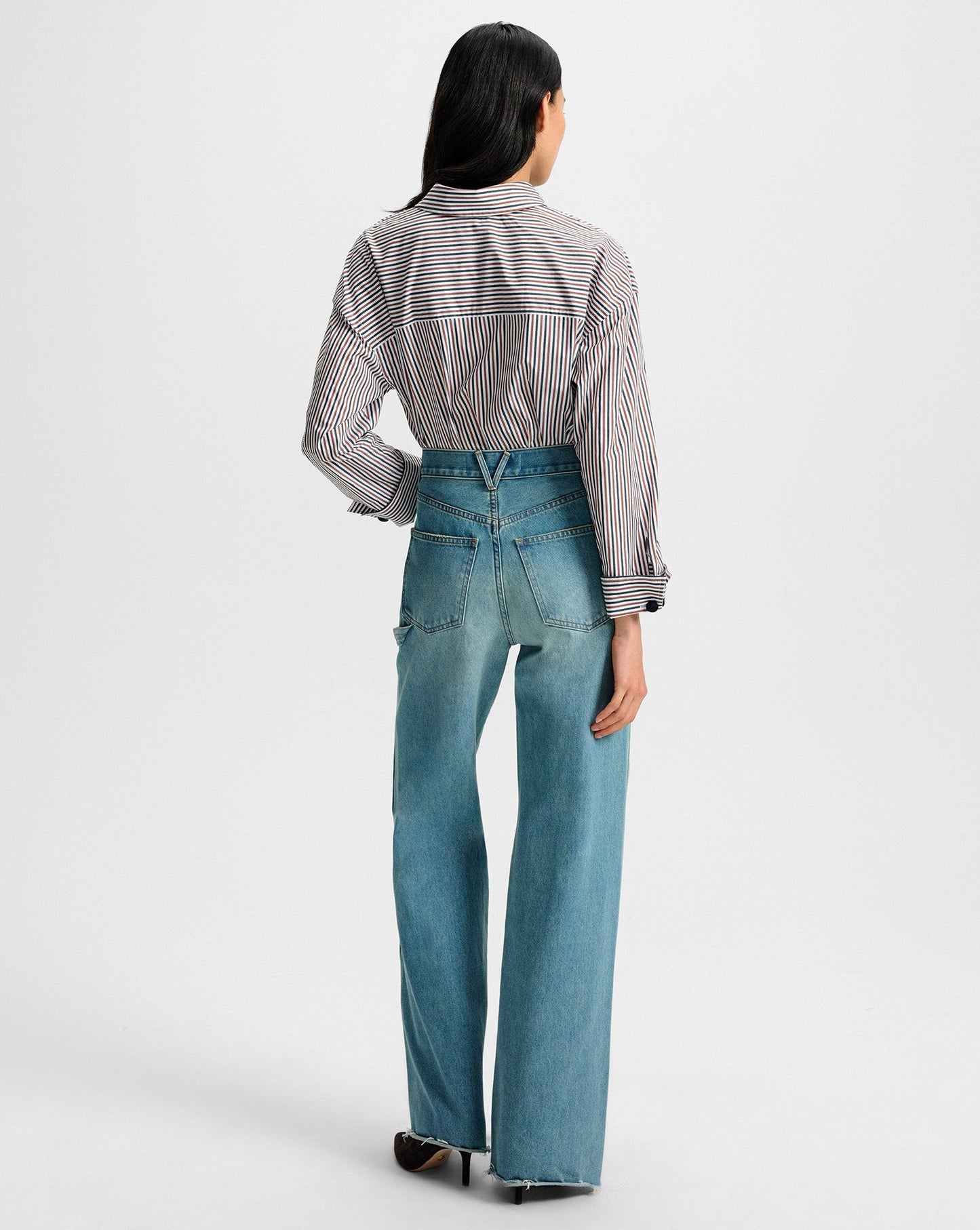 Veronica BeardDraymond Striped Cuff-Sleeve Shirt in Navy/Brandy Multi
