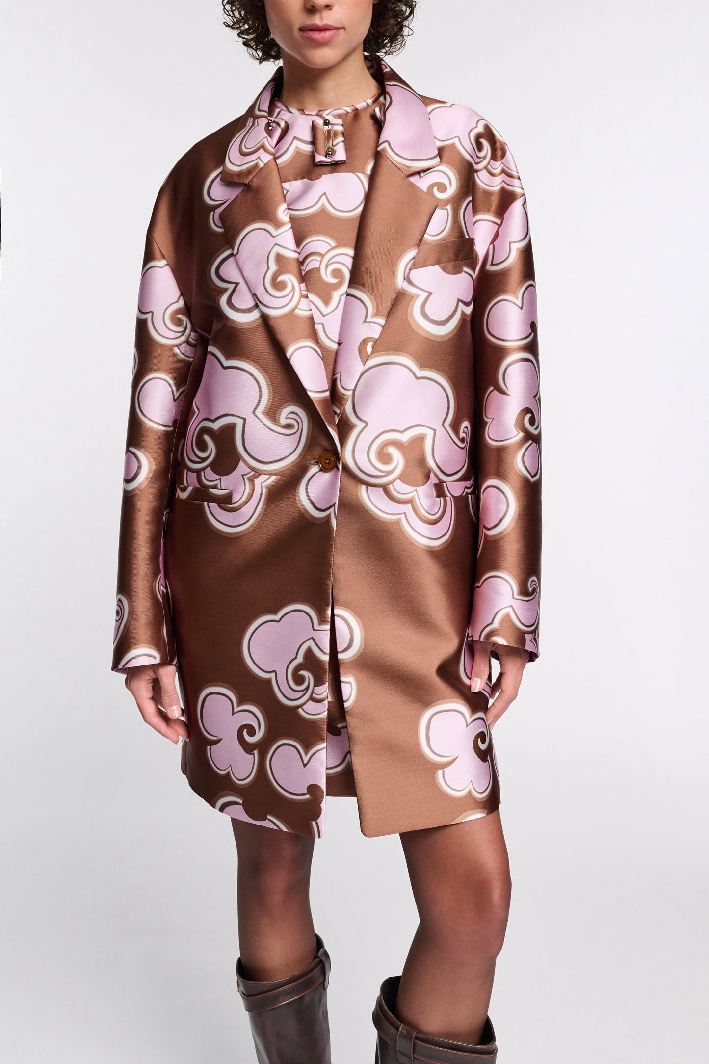 Dorothee Schumacher Floral Statement Coat in Off White/Chocolate