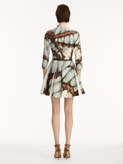 Oscar de la Renta Long Sleeve Butterfly Poplin Mini Dress in Blue Multi