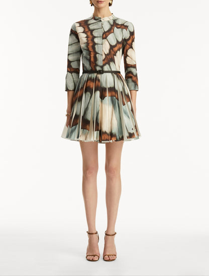 Oscar de la Renta Long Sleeve Butterfly Poplin Mini Dress in Blue Multi