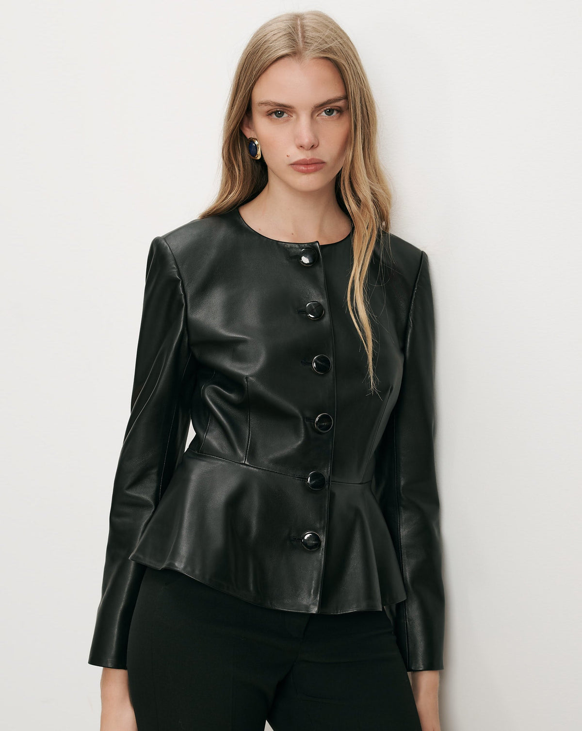 Veronica Beard Quinn Leather Peplum Jacket in Black