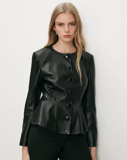 Veronica Beard Quinn Leather Peplum Jacket in Black