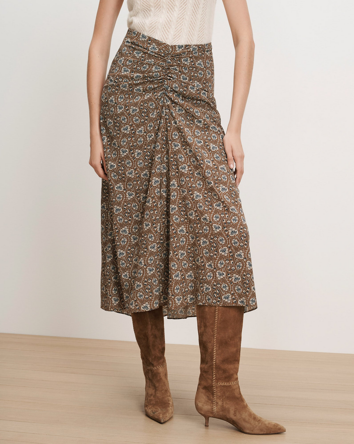 Veronica Beard Limani Floral Midi Skirt in Acorn Multi