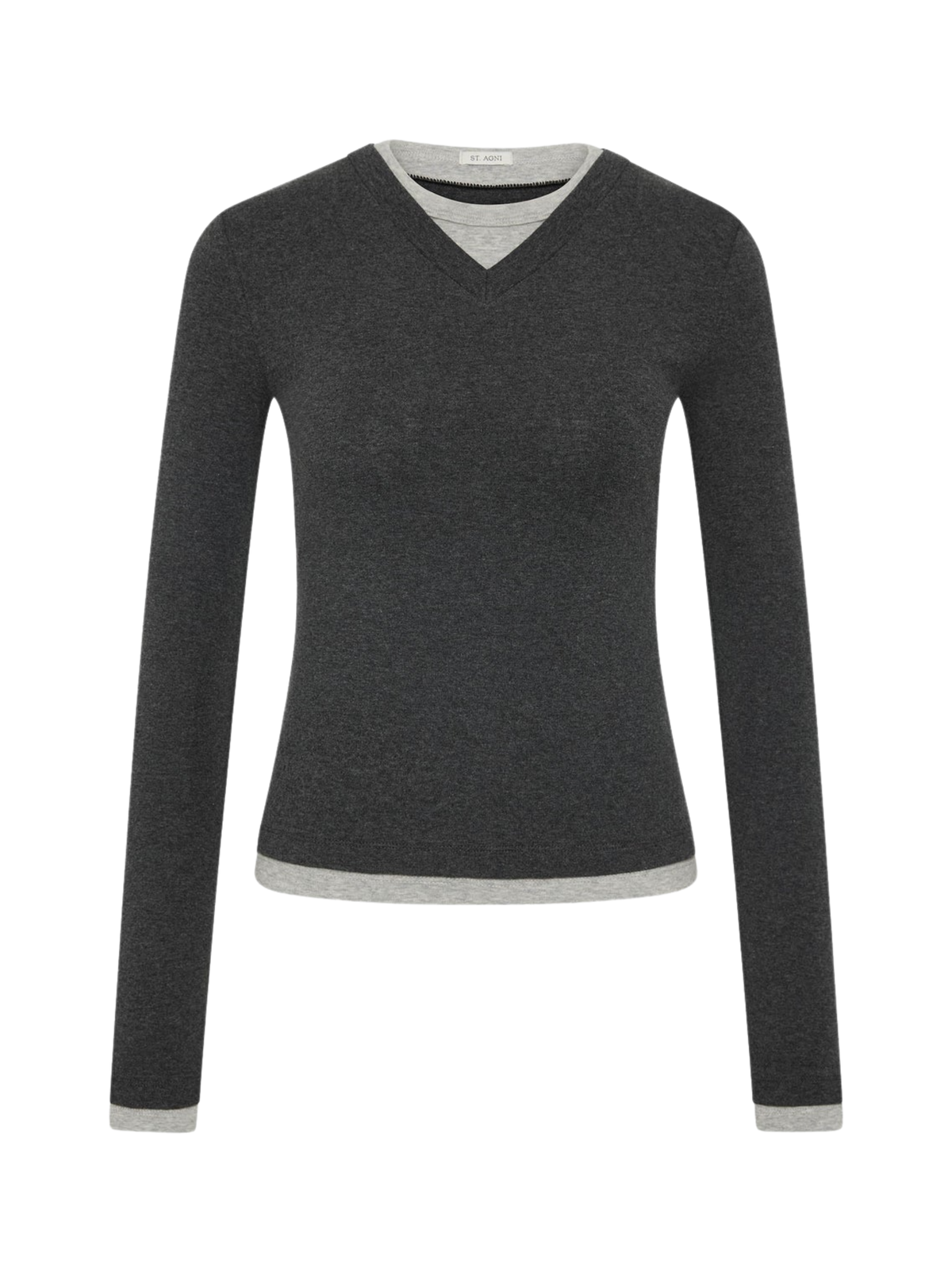St. Agni Organic Cotton V-Neck Long Sleeve Top in Charcoal Melange
