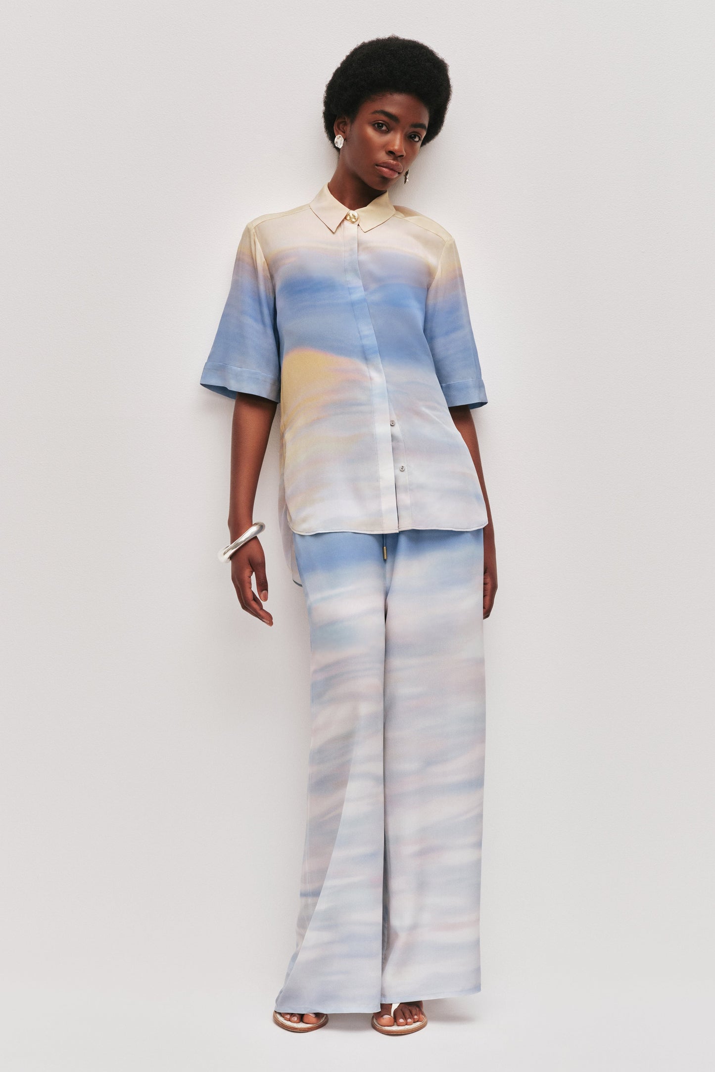 Aje Avalon Short Sleeve Silk Shirt in Horizon