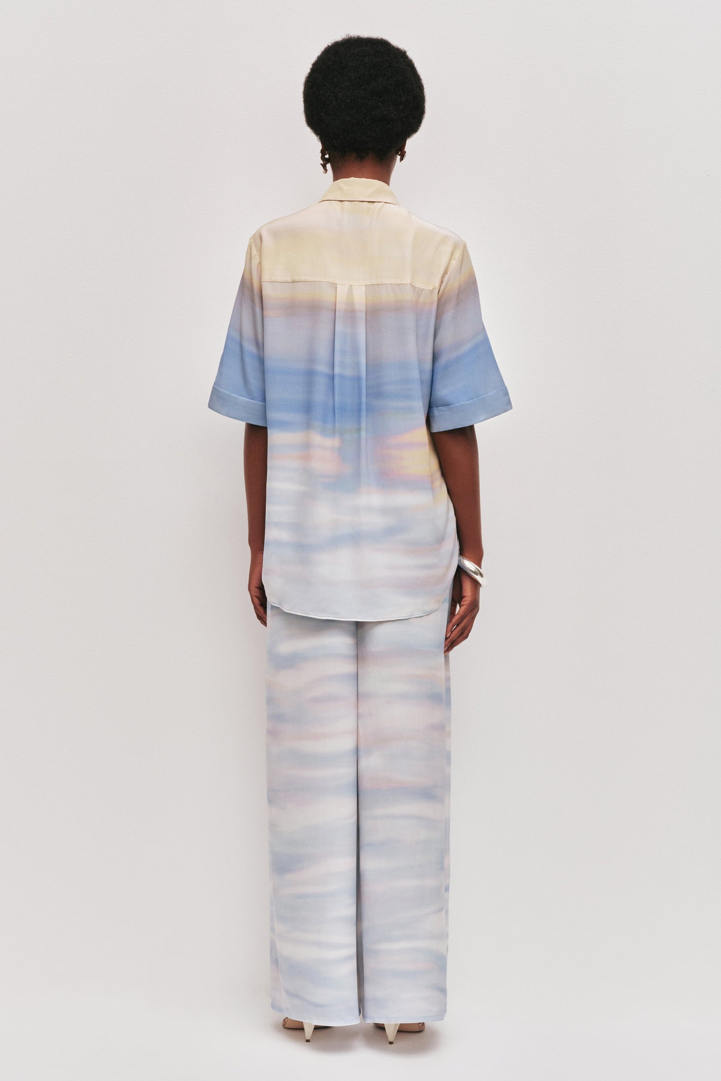 Aje Avalon Short Sleeve Silk Shirt in Horizon