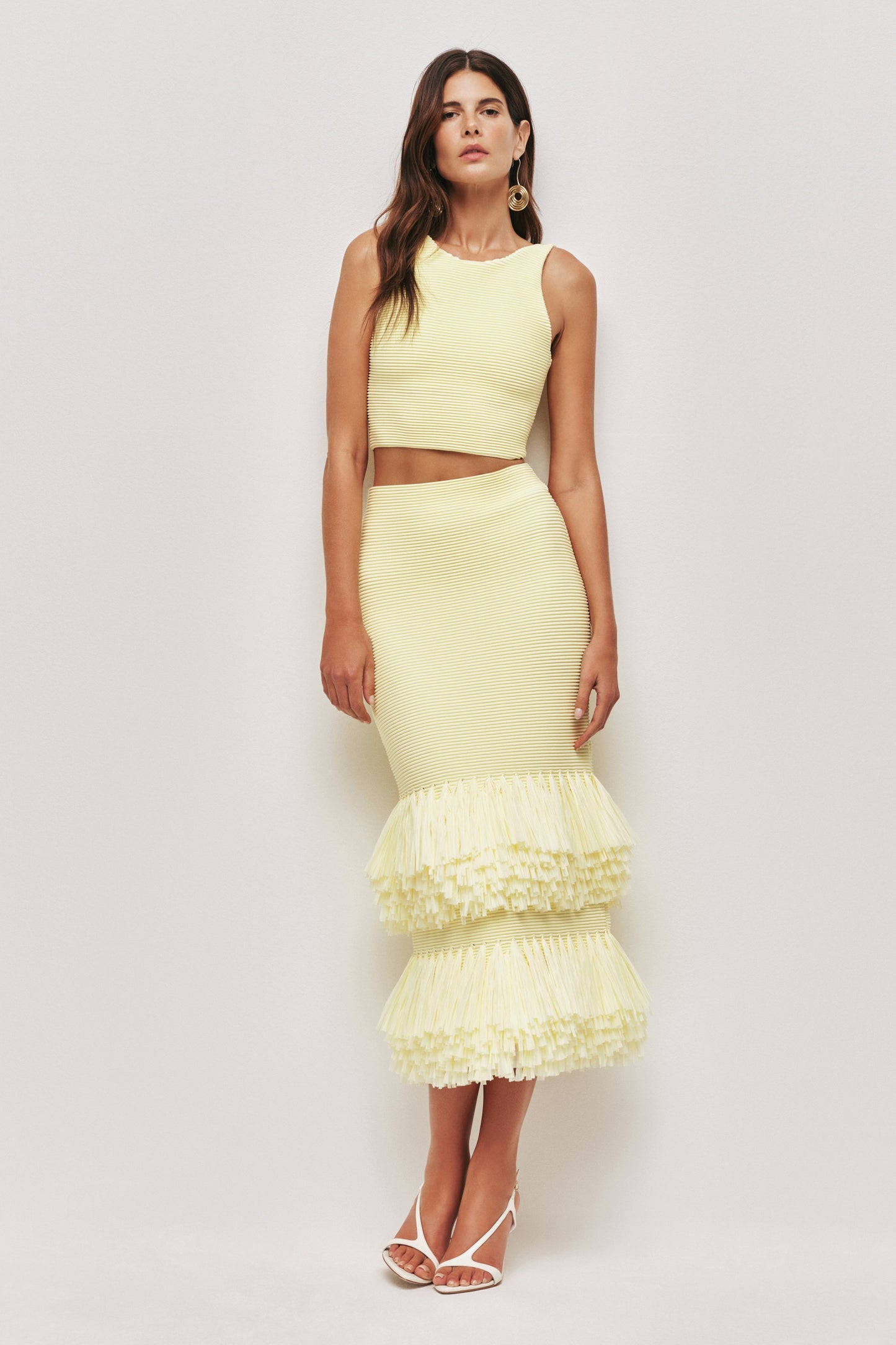 Aje Agave Knit Raffia Midi Skirt in Lemon