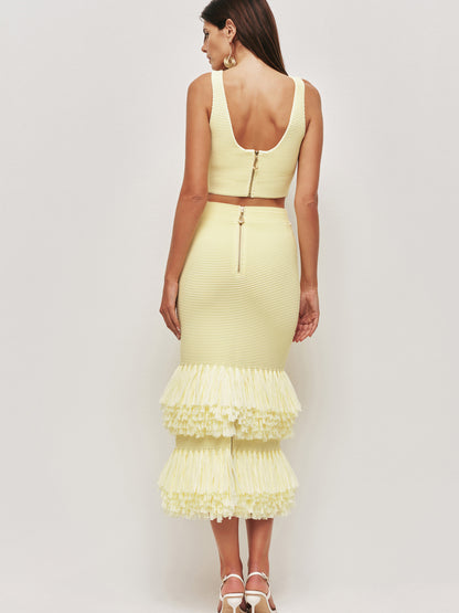 Aje Agave Knit Raffia Midi Skirt in Lemon