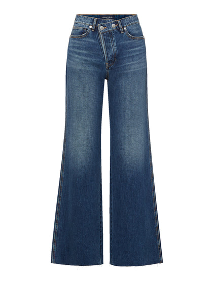 Veronica Beard Taylor Crossover-Waistband Wide-Leg Jean in City Lights