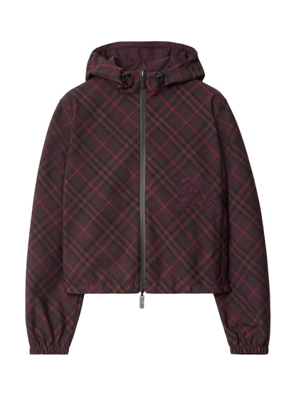 Burberry Cropped Reversible Check Hooded Jacket in Wine IP Check