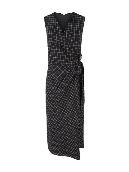 Vince Trellis Plaid Sleeveless Drape Wrap Dress in Black/Cream