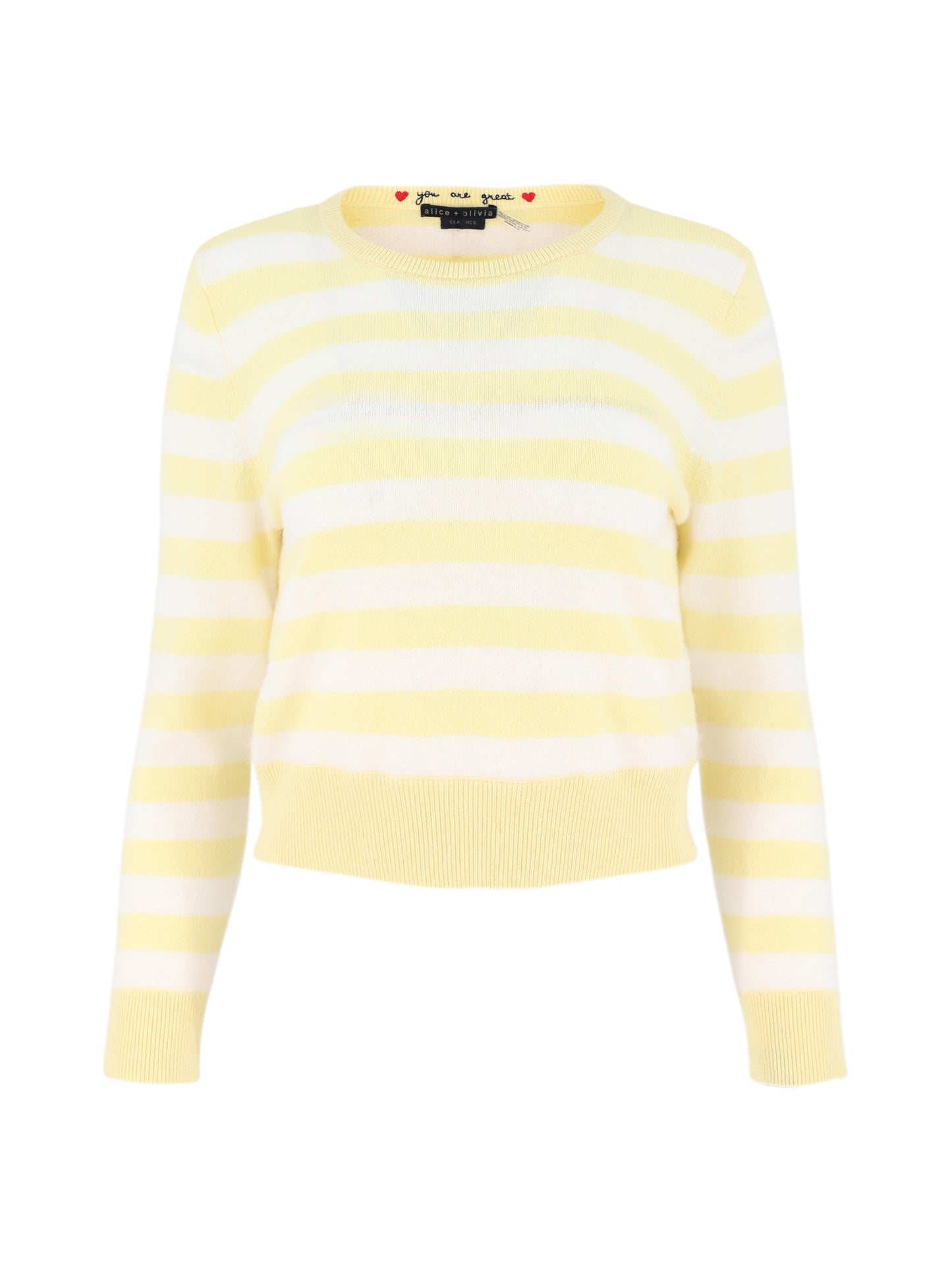 Alice + Olivia Carolann Striped Shrunken Crew Sweater in Butter/Ecru