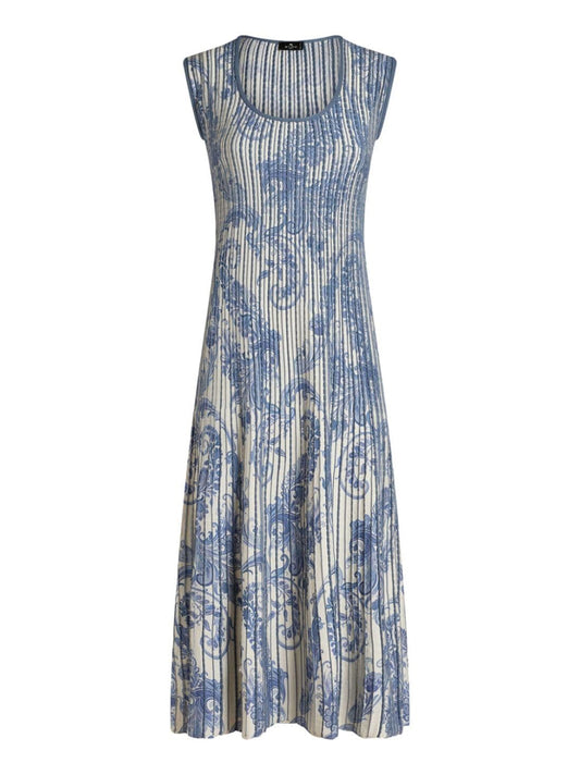 Etro Paisley Print Midi Dress in Azzurro/Grigio