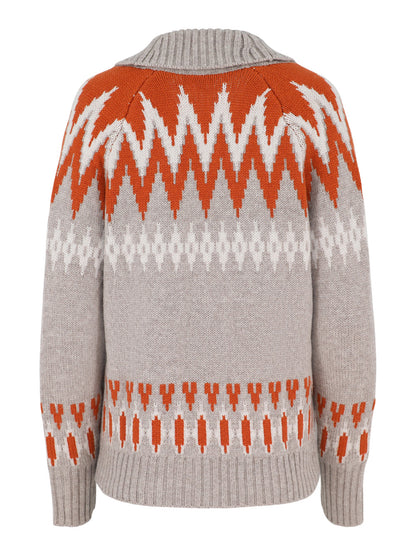 Kinross Cashmere Fairisle Shawl Collar Cardigan in Taupe Multi