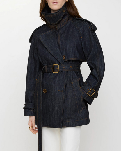 Burberry Short Denim Fitzrovia Trench Coat in Dark Indigo
