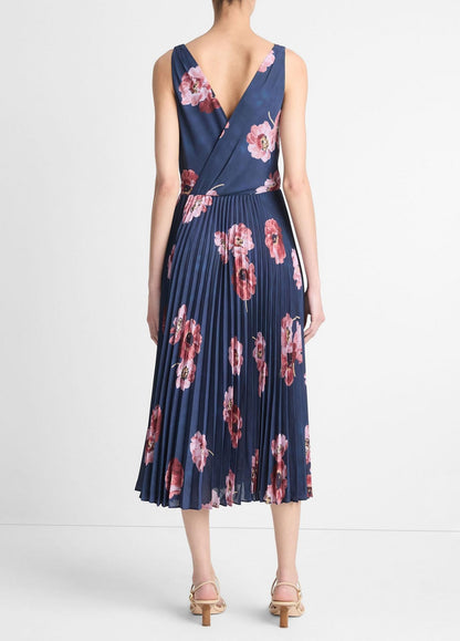 Vince Painted Poppy Pleated Draped V-Neck Dress in Marine Night