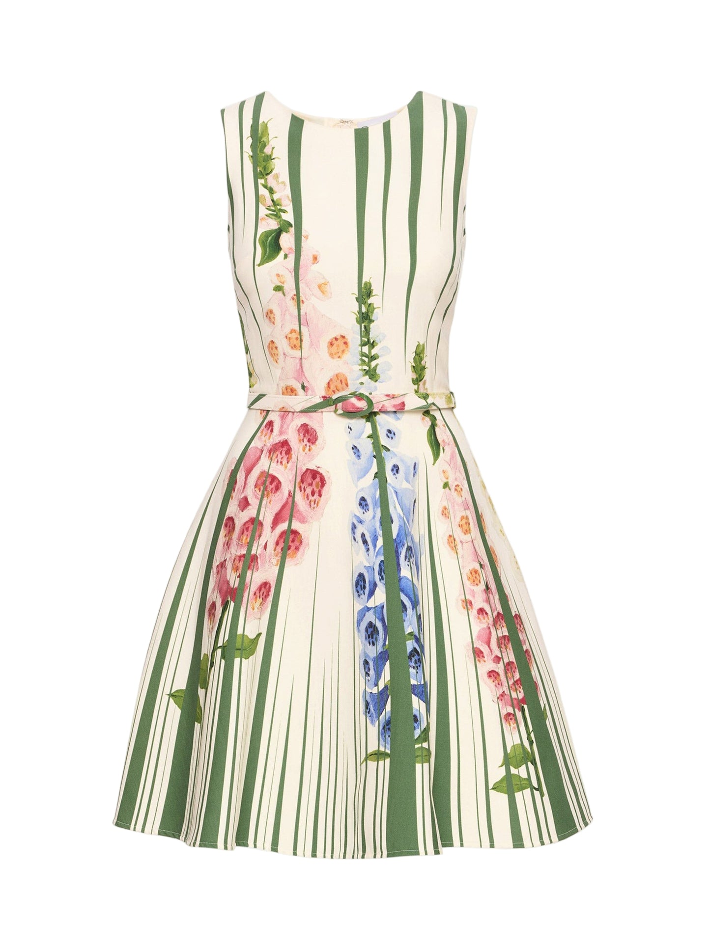 Oscar de la Renta Sleeveless Pleated Tromp L'oeil Foxgloves Dress in Green Multi