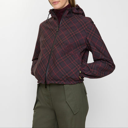 Burberry Cropped Reversible Check Hooded Jacket in Wine IP Check