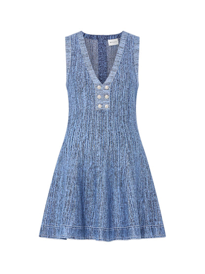 Milly Shelby Pinstripe Knit Flare Dress in Blue Multi