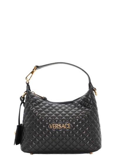 Versace Tag Hobo Lamb Leather Bag in Black/Versace Gold