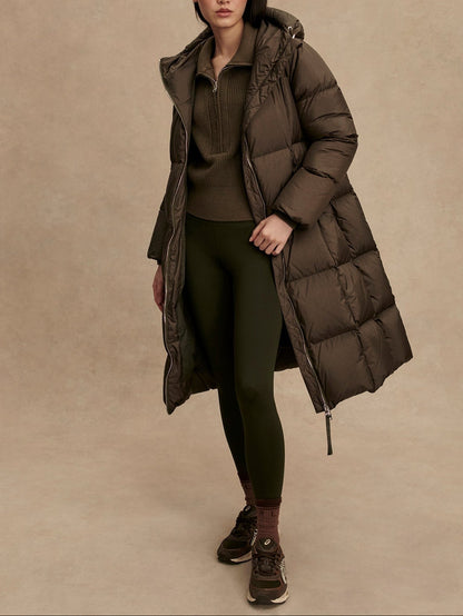 Varley Katya Long Down Puffer in Dark Olive Metallic