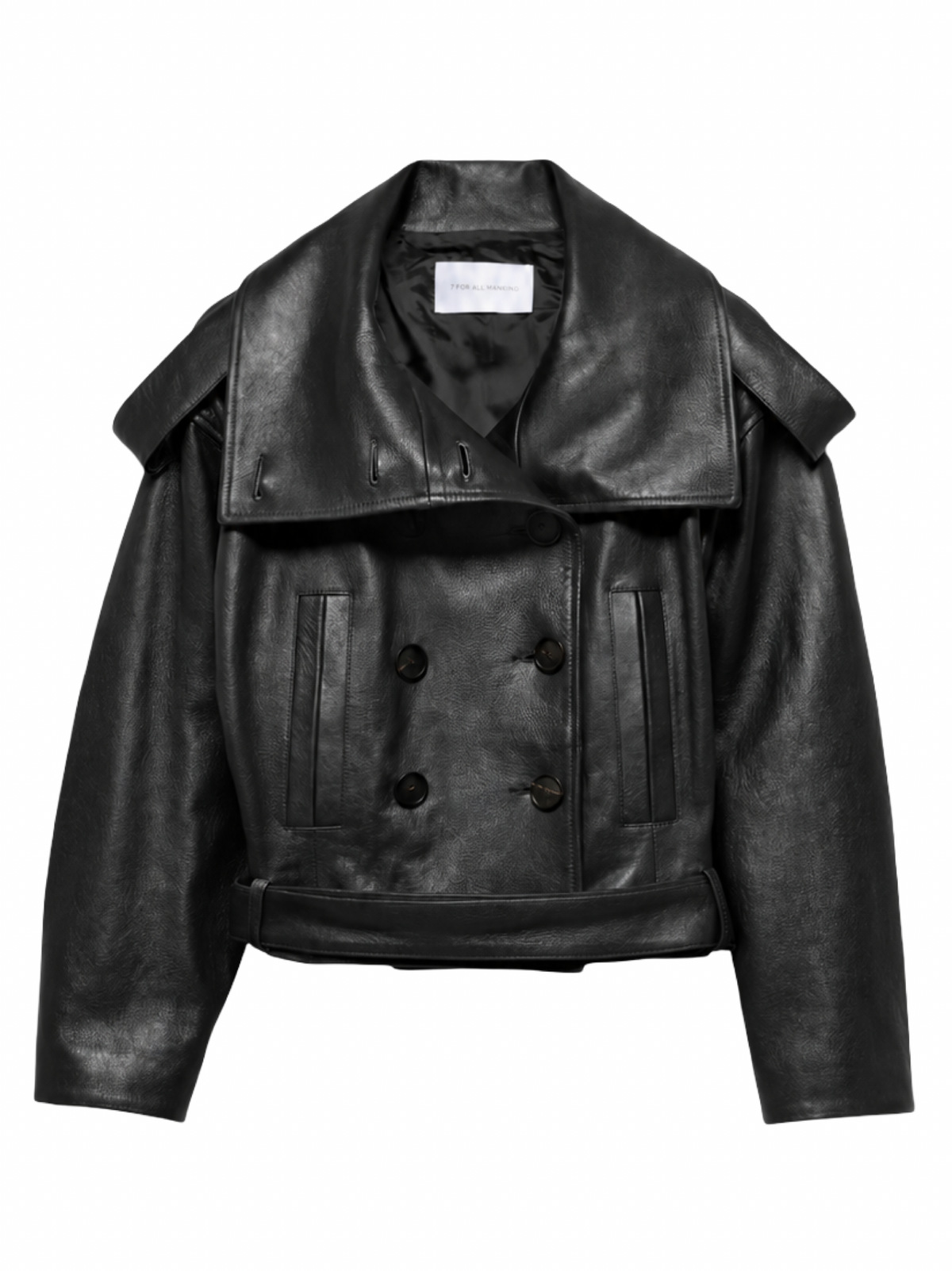 7 For All Mankind Runway Double Breasted High Neck Short Jacket in Black Leather