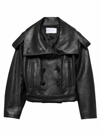 7 For All Mankind Double Breasted High Neck Short Coat in Black Leather - Runway Collection