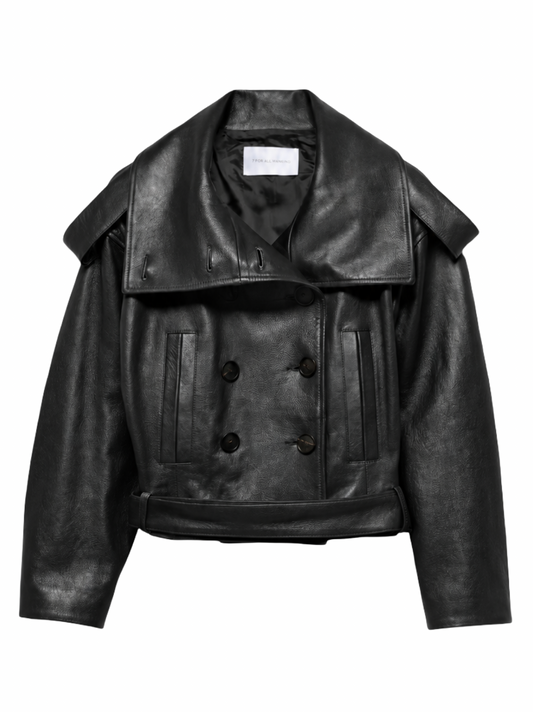 7 For All Mankind Runway Double Breasted High Neck Short Jacket in Black Leather
