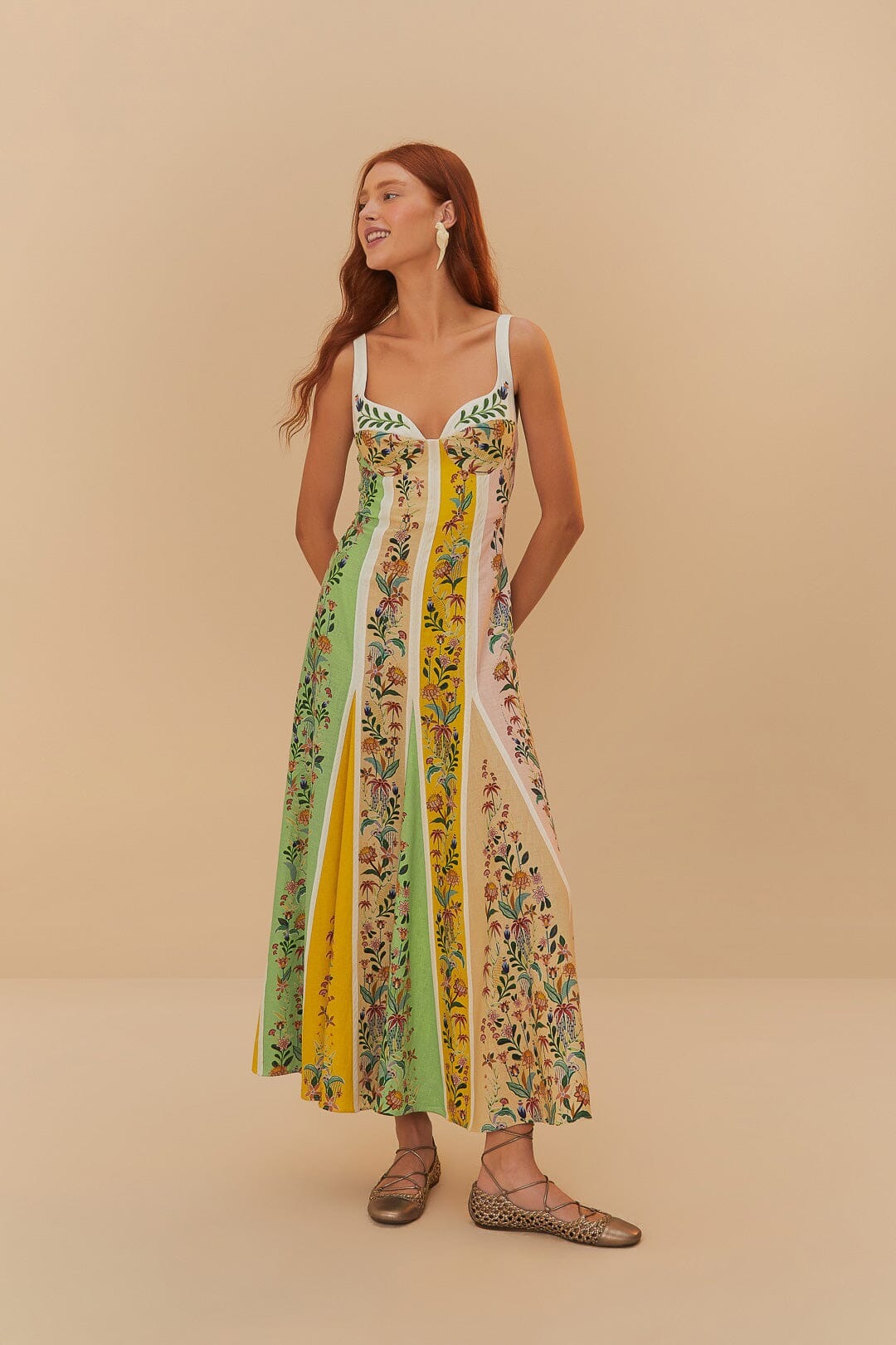 Farm Rio Multicolor Maxi Dress in Delicate Floral Stripes