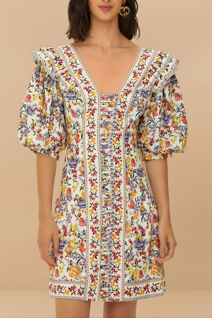 Farm Rio Topstitched Yoke Mini Dress in Greek Garden Off-White