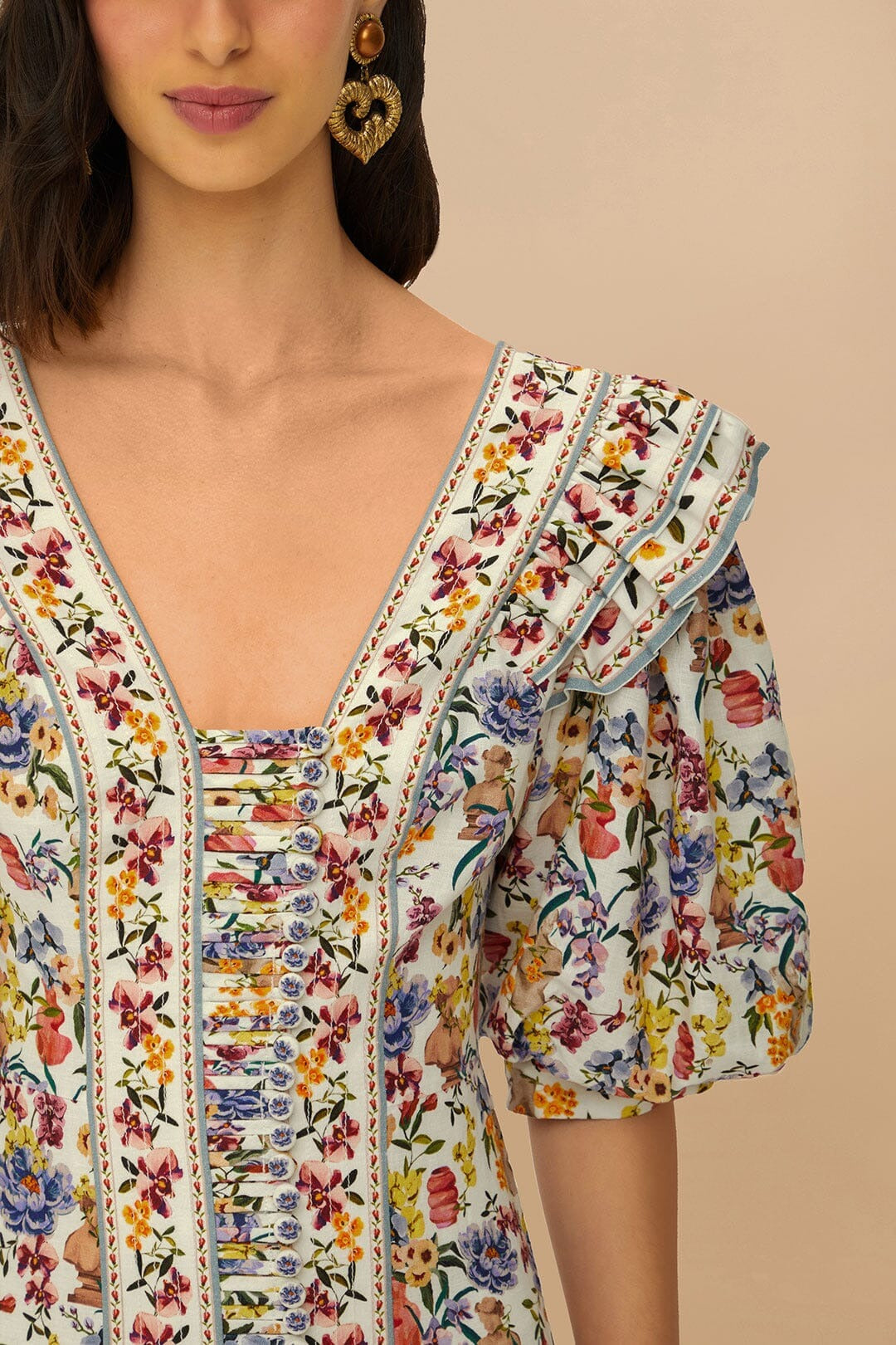 Farm Rio Topstitched Yoke Mini Dress in Greek Garden Off-White