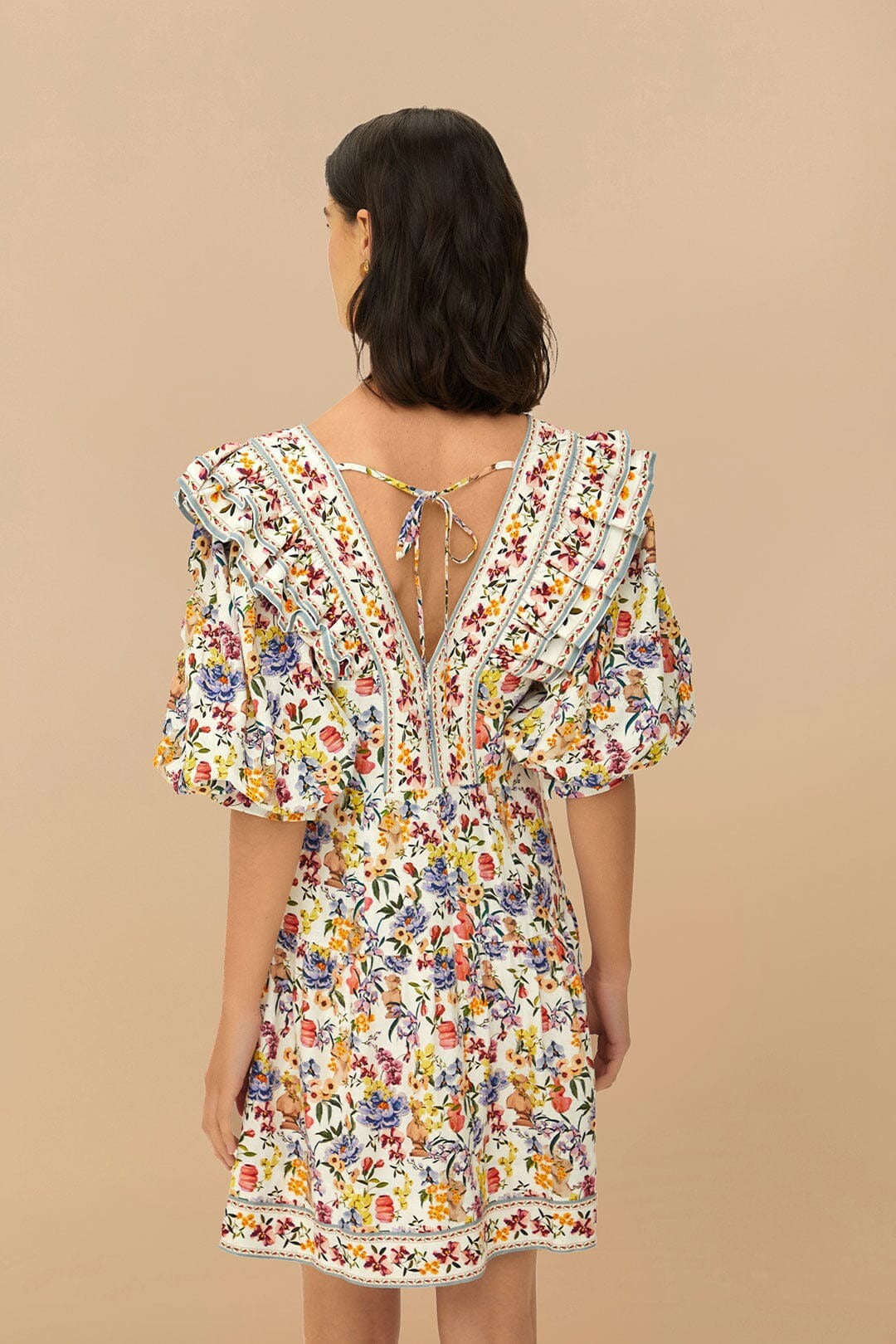 Farm Rio Topstitched Yoke Mini Dress in Greek Garden Off-White
