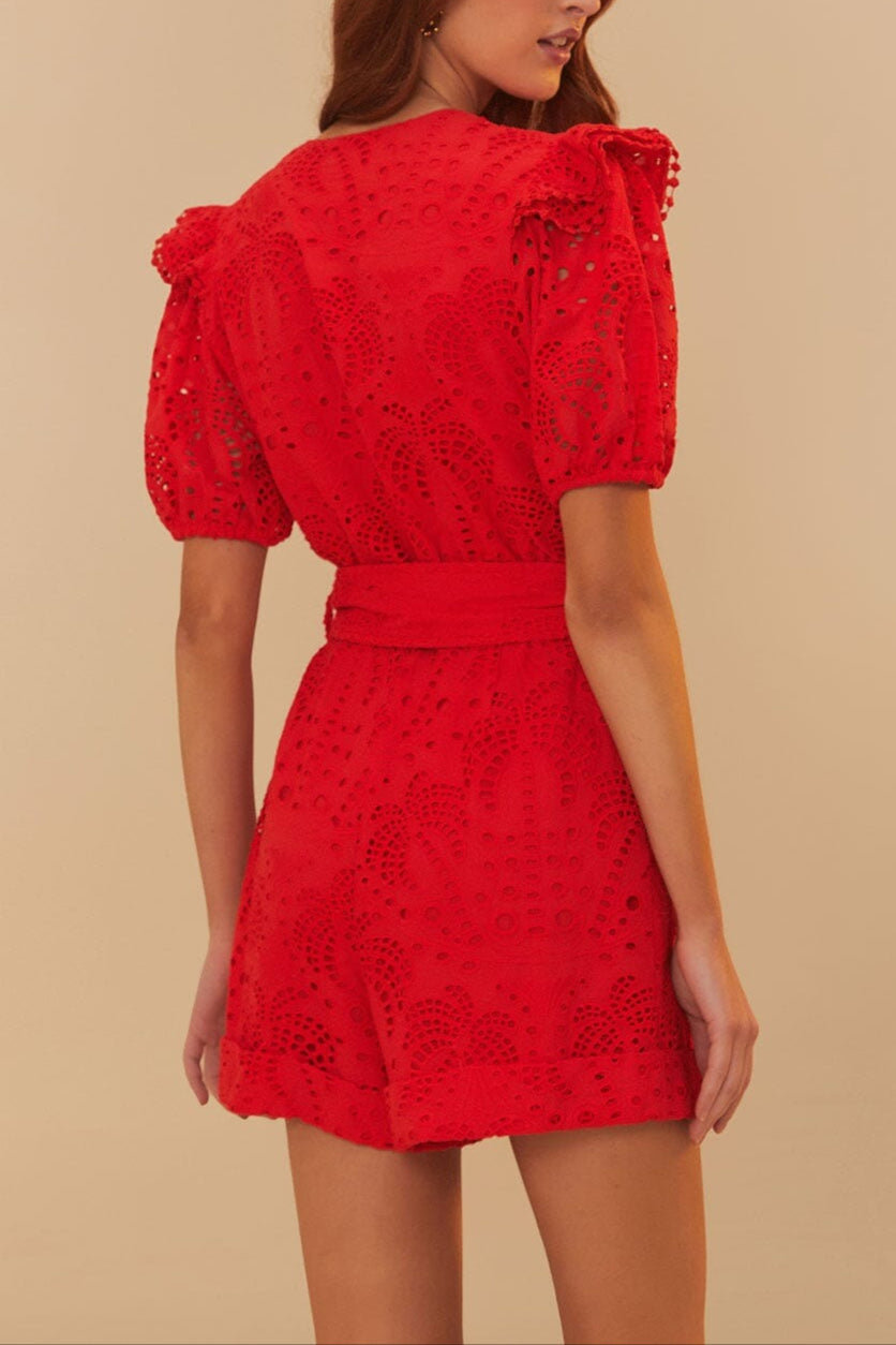 Farm Rio Eyelet Beaded Belt Romper in Red