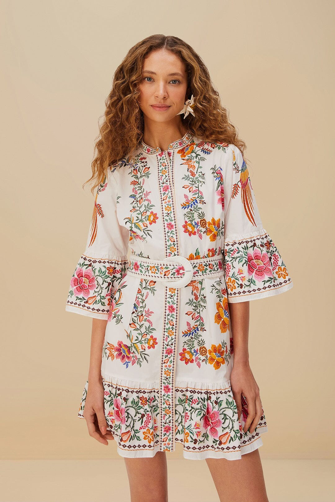 Farm Rio Mini Dress in Delicate Forest Scarves Off-White