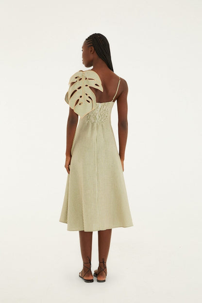 Farm Rio Striped Monstera Leaf Linen Midi Dress