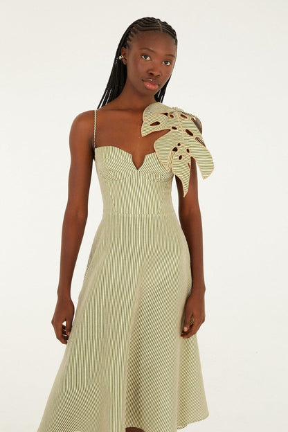 Farm Rio Striped Monstera Leaf Linen Midi Dress