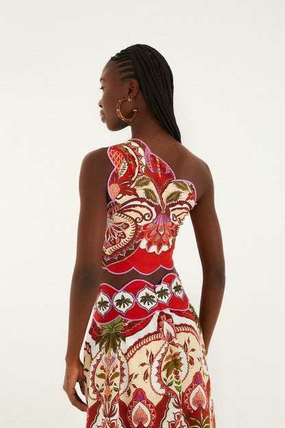 Farm Rio Odara Red Scallops One Shoulder Top