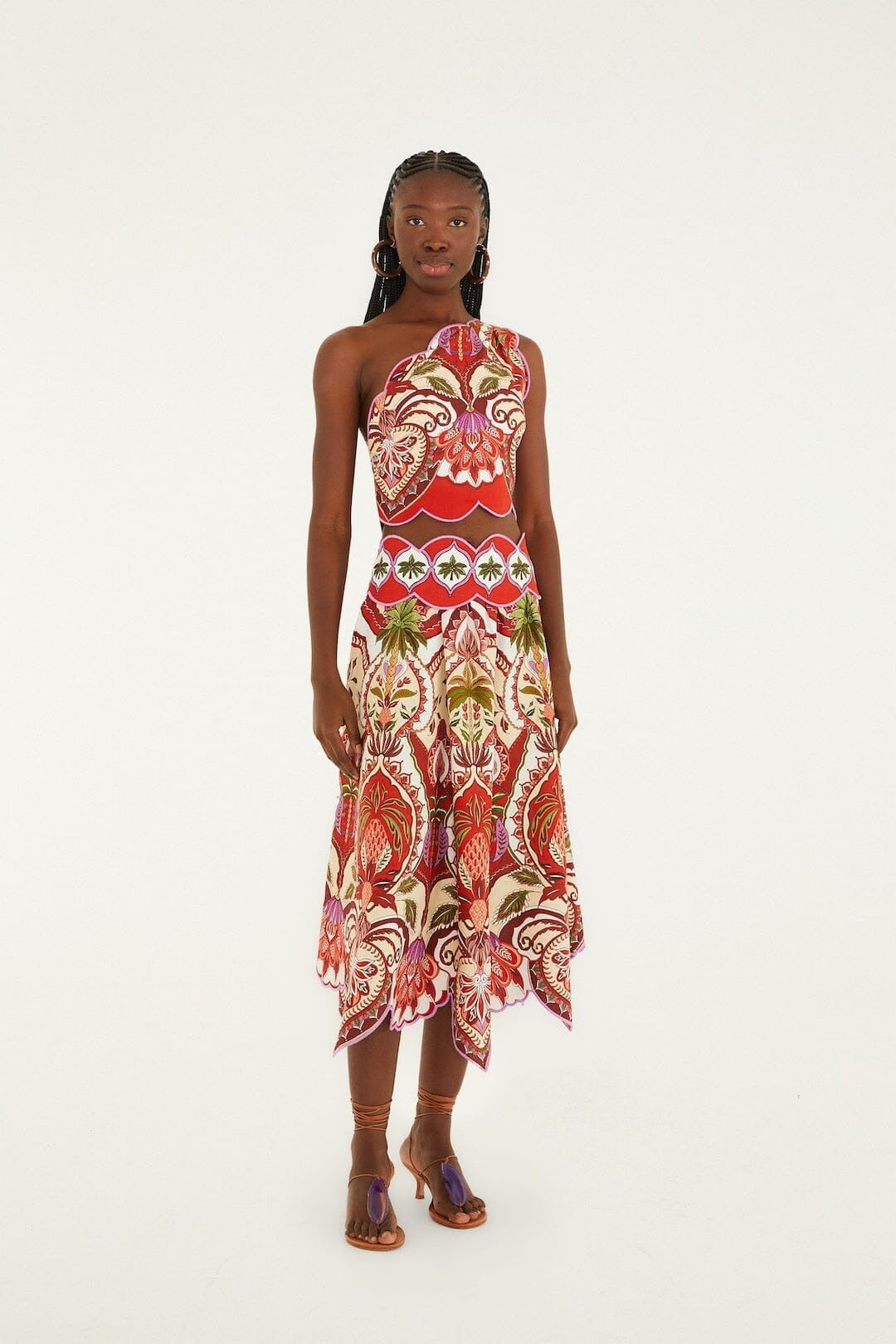 Farm Rio Odara Red Scallops One Shoulder Top