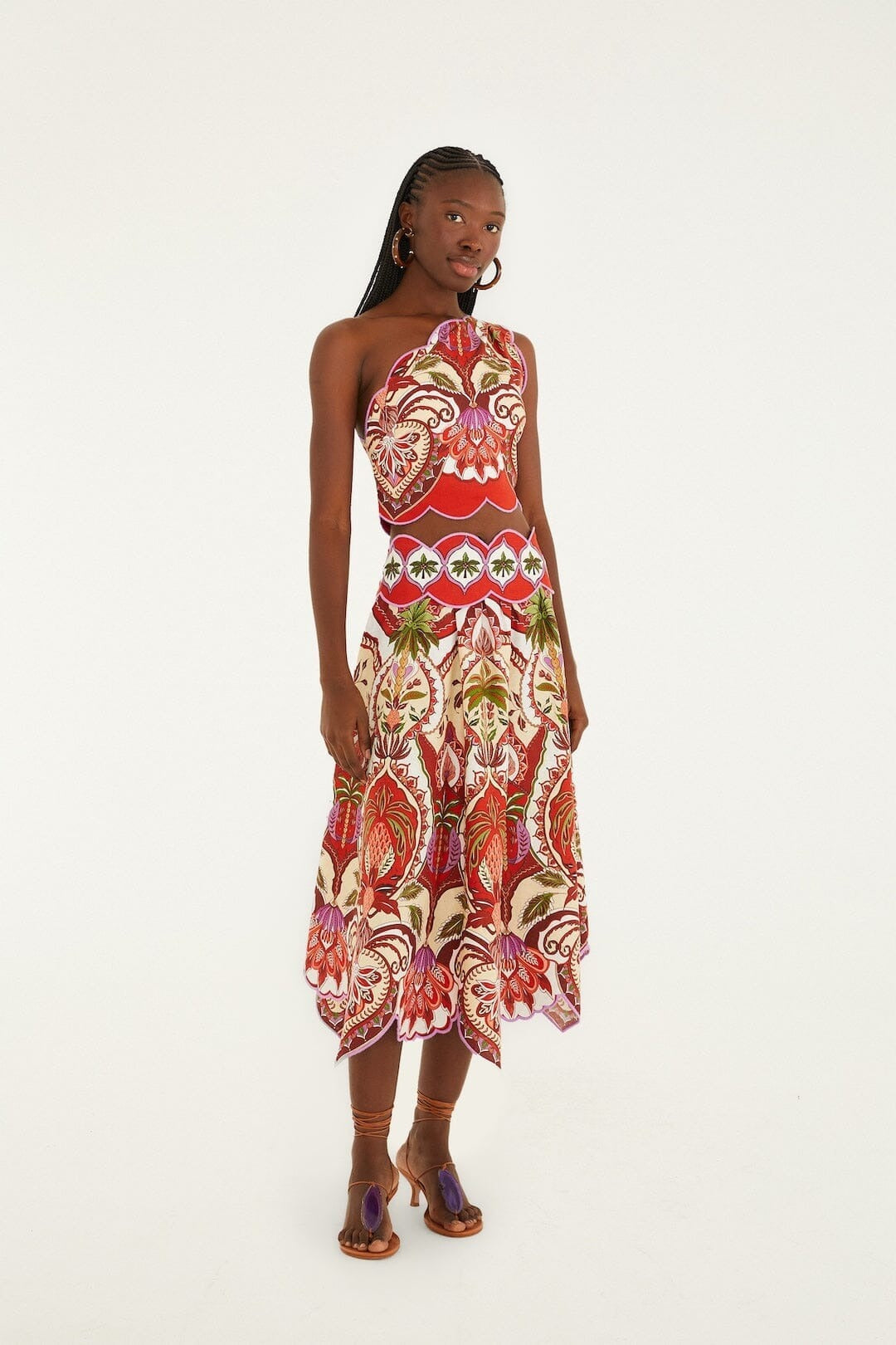 Farm Rio Odara Red Scallops Midi Skirt