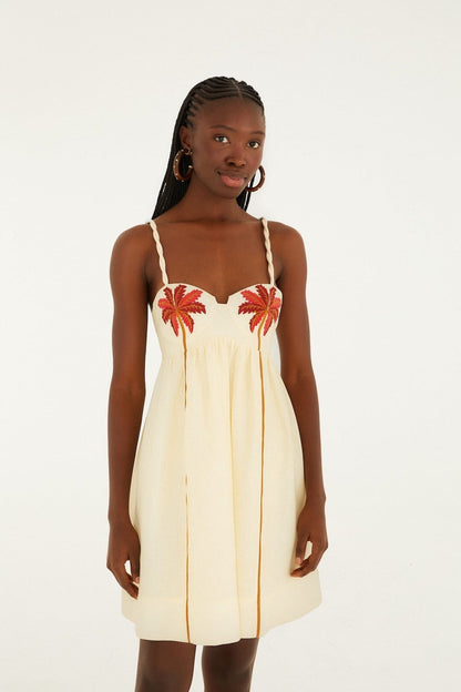 Farm Rio Coconut Tree Embroidered Mini Dress in Sand