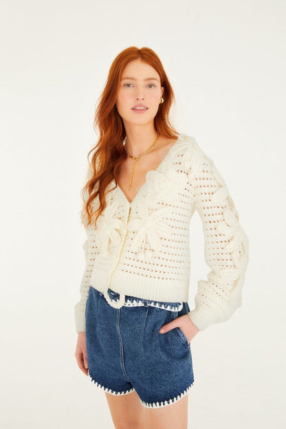 Farm Rio Crochet Flowers Knit Cardigan in Off-White