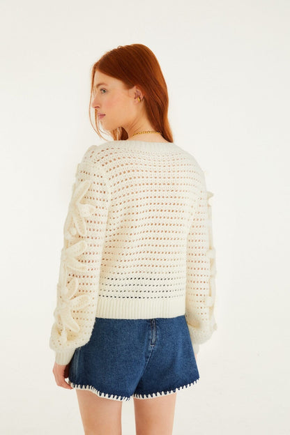 Farm Rio Crochet Flowers Knit Cardigan in Off-White